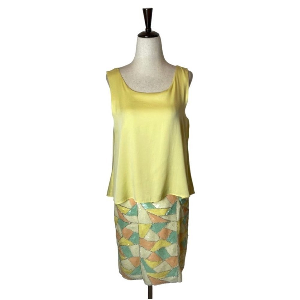Ali Ro Yellow Silk Tank Overlay Geometric Sequins Skirt Mini Dress Size 4‎